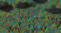 farm pattern with trees and storm clouds