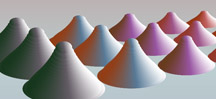 animated randomly colored cones splined using two point perspective
